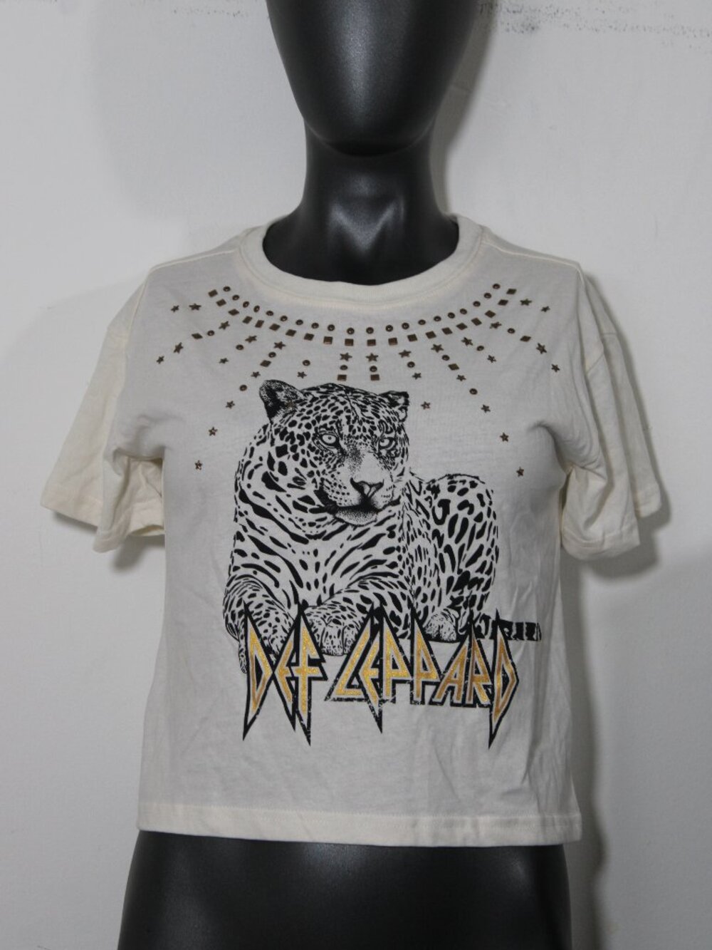 Def Leppard Studded Roaring Leopard Graphic Cropped Baby Tee Girls L 10/12